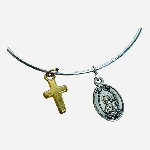 Silver Tone Sliding Bangle Religious Charms Cross St Anthony St Jude Medal Charm - Picture 4 of 4